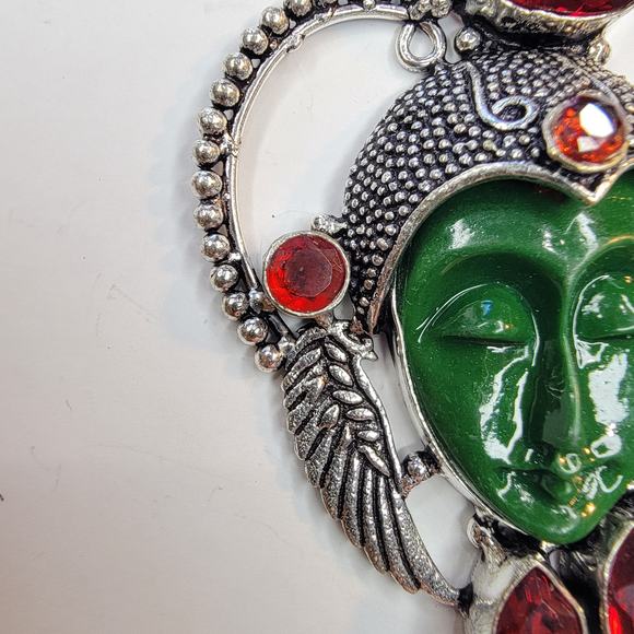 Sterling Silver Pendant with Green Carved Face and Red Garnet Accents - Picture 9 of 10